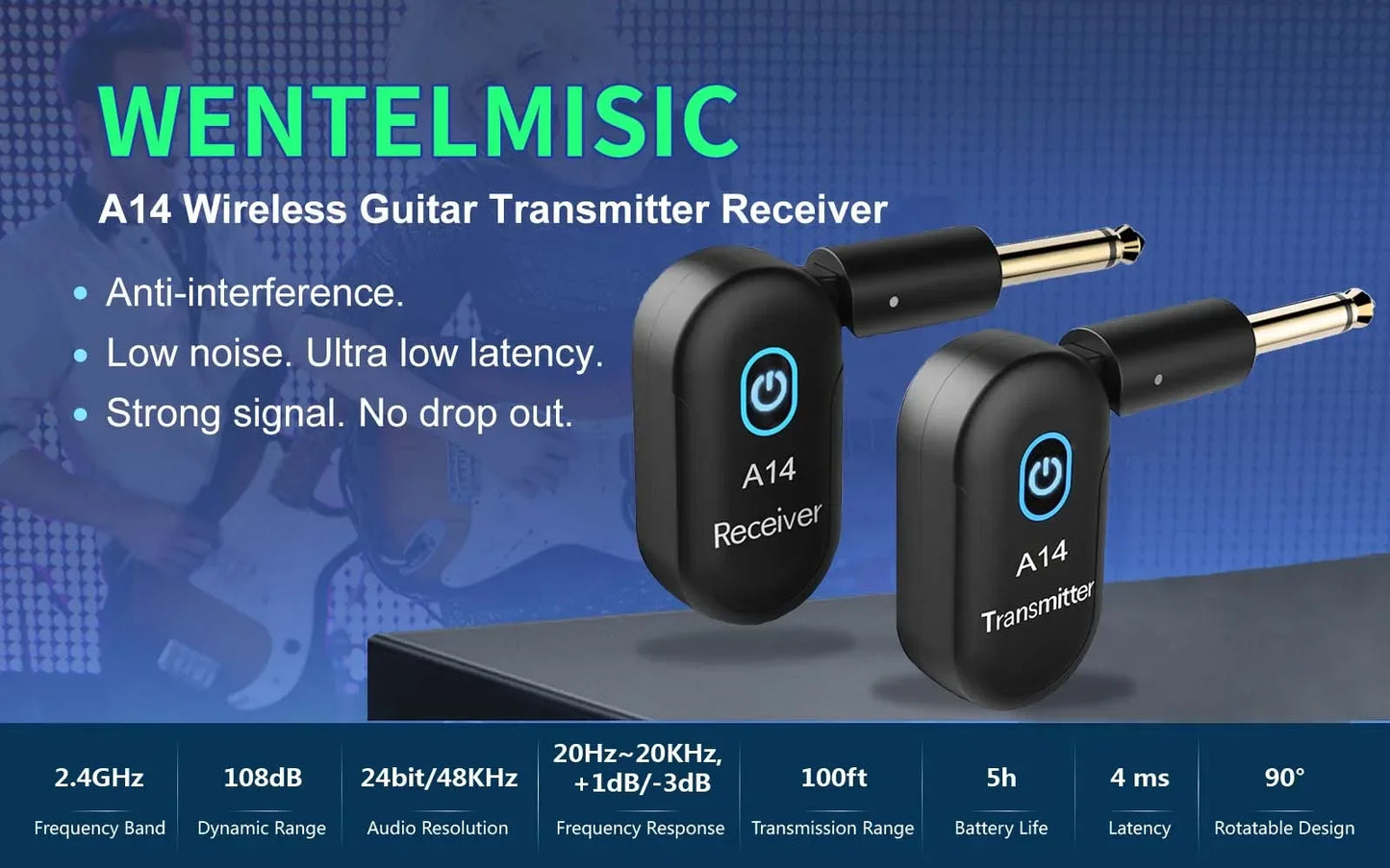 Guitar Wireless System Transmitter Receiver Built-in 2.4G Rechargeable Wireless Guitar Transmitter for Electric Guitar Amplifier