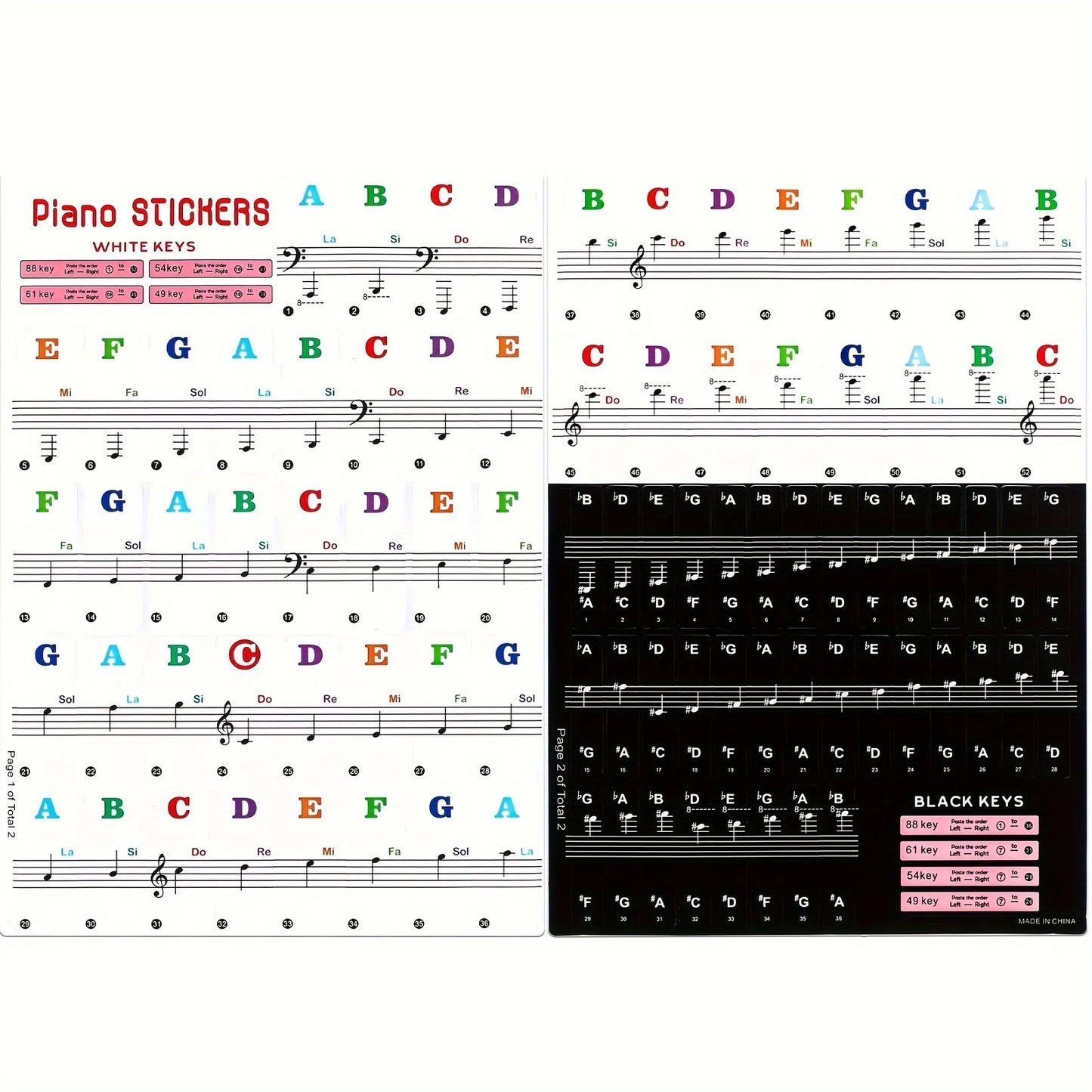 2 sets of piano keyboard stickers, 88/61/54/49 keys with removable colored note labels, beginner letter piano stickers