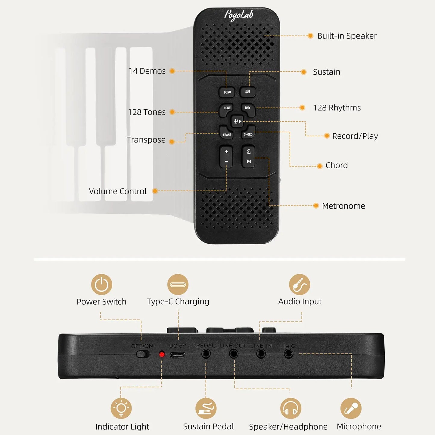 Pogolab 88 Keys Roll Up Keyboard Piano Portable Electric Foldable Piano with Sustain Pedal 14 Songs 128 Tones 128 Rhythms