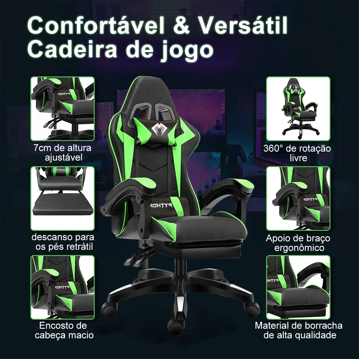 High-end Gaming Chair, Ergonomic, Height-adjustable, Flat, Foot-rest Chair (Black)