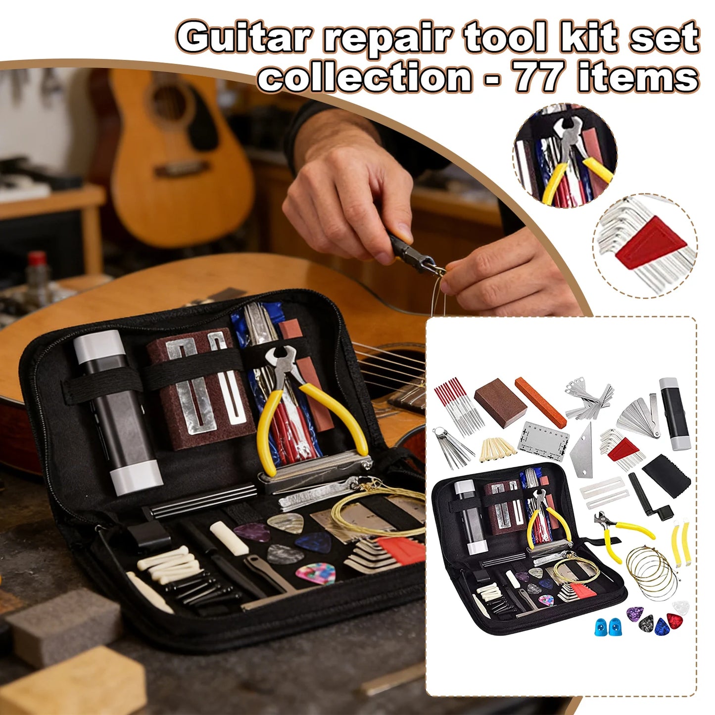 Guitar Repair Tool Kit 77 Pieces Guitar Maintenance Kit Set Multifunction Maintenance Package with Measuring Tools