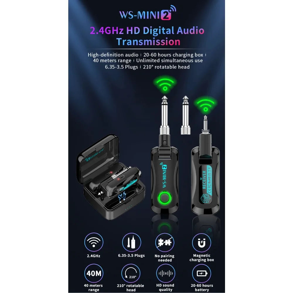 2.4GHz Mini Wireless Guitar System Rechargeable Audio Wireless Guitar Transmitter Receiver for Guitar Bass Electric Instruments