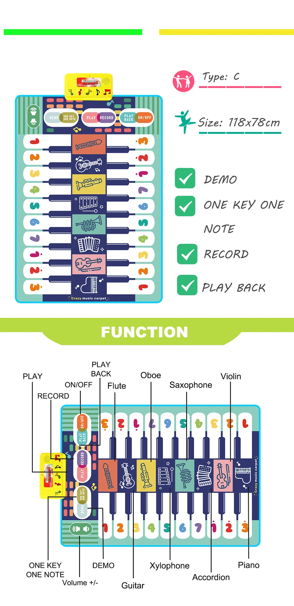 Kids Musical Piano Mat Duet Keyboard Play Mat 20 Keys Floor Piano with 8 Instrument Sound 5 Paly Modes Dance Pad Educatinal Toys