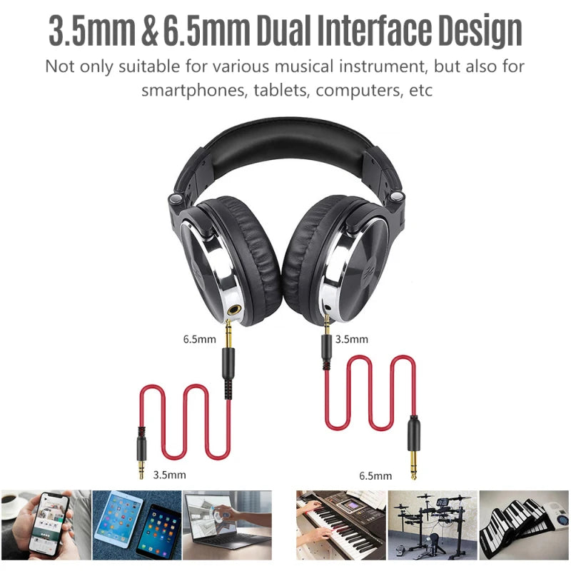 Professional Musical Instrument Monitor Headphones Wired Headset with 3.5mm & 6.5mm Audio Cables for Electrical Piano Guitar