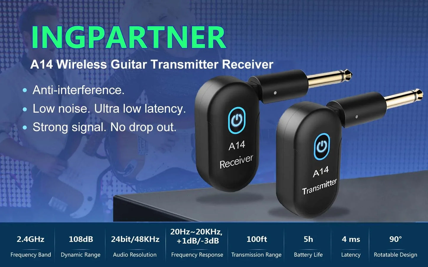 Guitar Wireless System Transmitter Receiver Built-in 2.4G Rechargeable Wireless Guitar Transmitter for Electric Guitar Amplifier