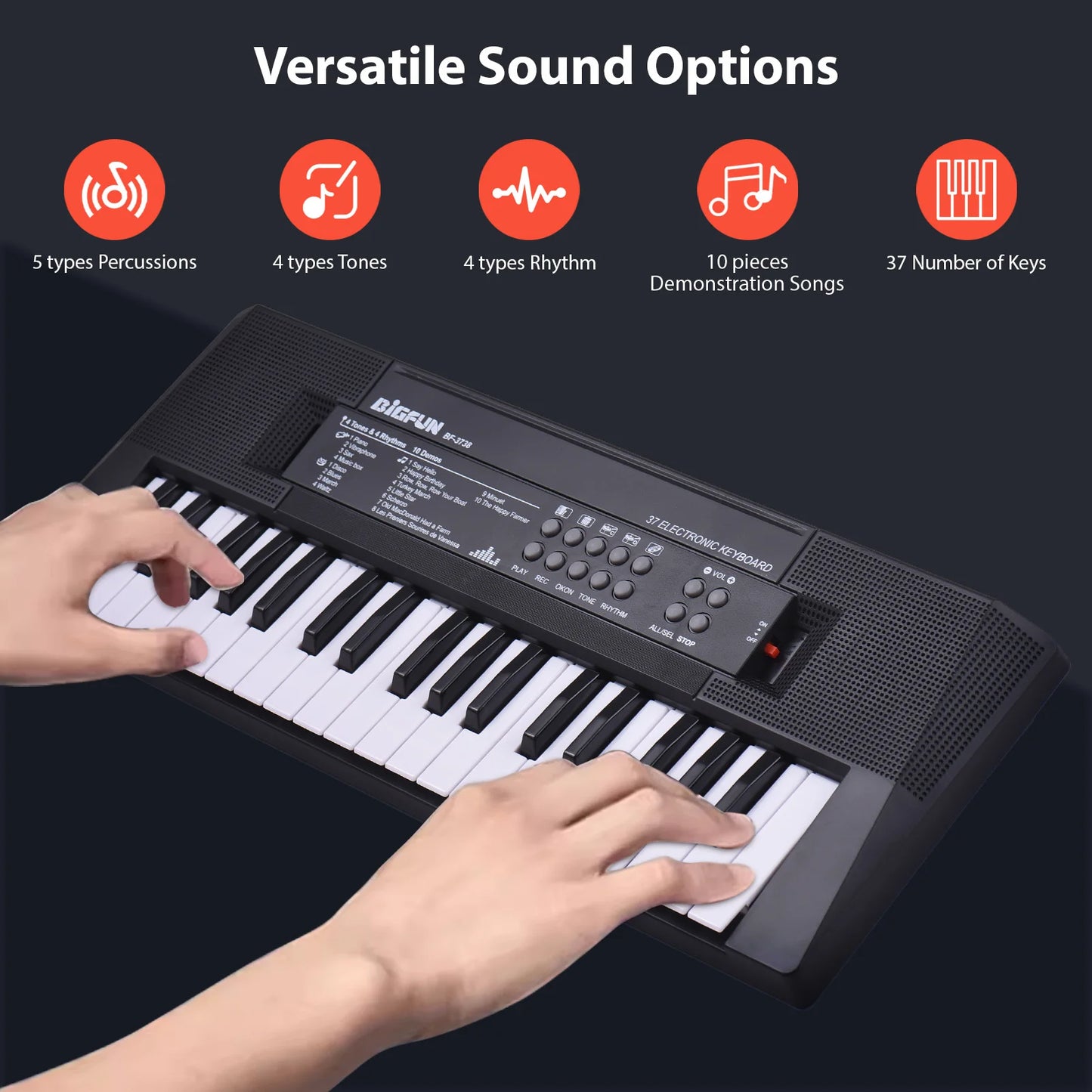 37 Key Electronic Keyboard Piano 4 Tones 4 Rhythms 10 Demos 5 Percussions Single Speaker Musical Instrument for Beginners