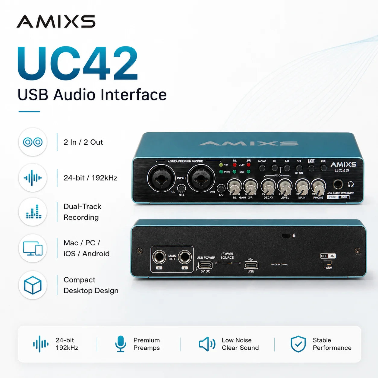 AMIXS UC42 Audio Interface for Recording Computer Free Drive USB External Sound Card for Pc Audio Equipment Professional Video