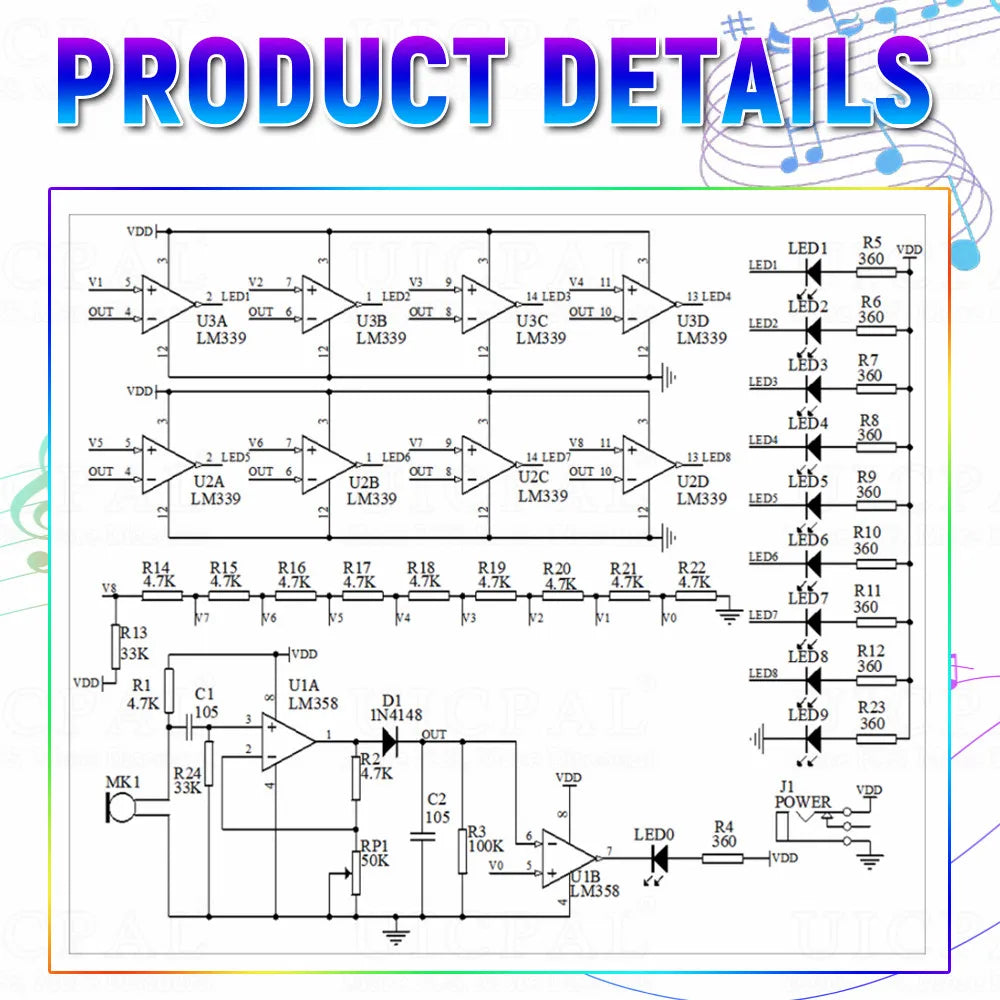 DIY Sound Control LED Music Spectrum Electronic Kit Crystal Column Audio Display PCB Soldering Practice Kit LM339 LM358 DC5-12V