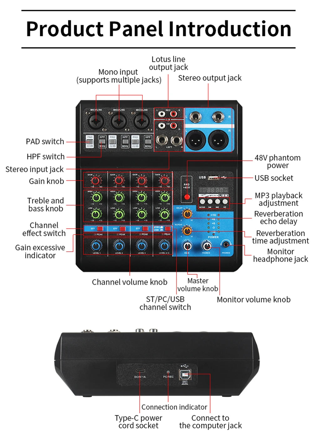 HD A4 A5 Sound Card Mixing Console Mixer Professional Audio 4 5 Channel Sound Mixer For Live Streaming DJ Audio Equipment