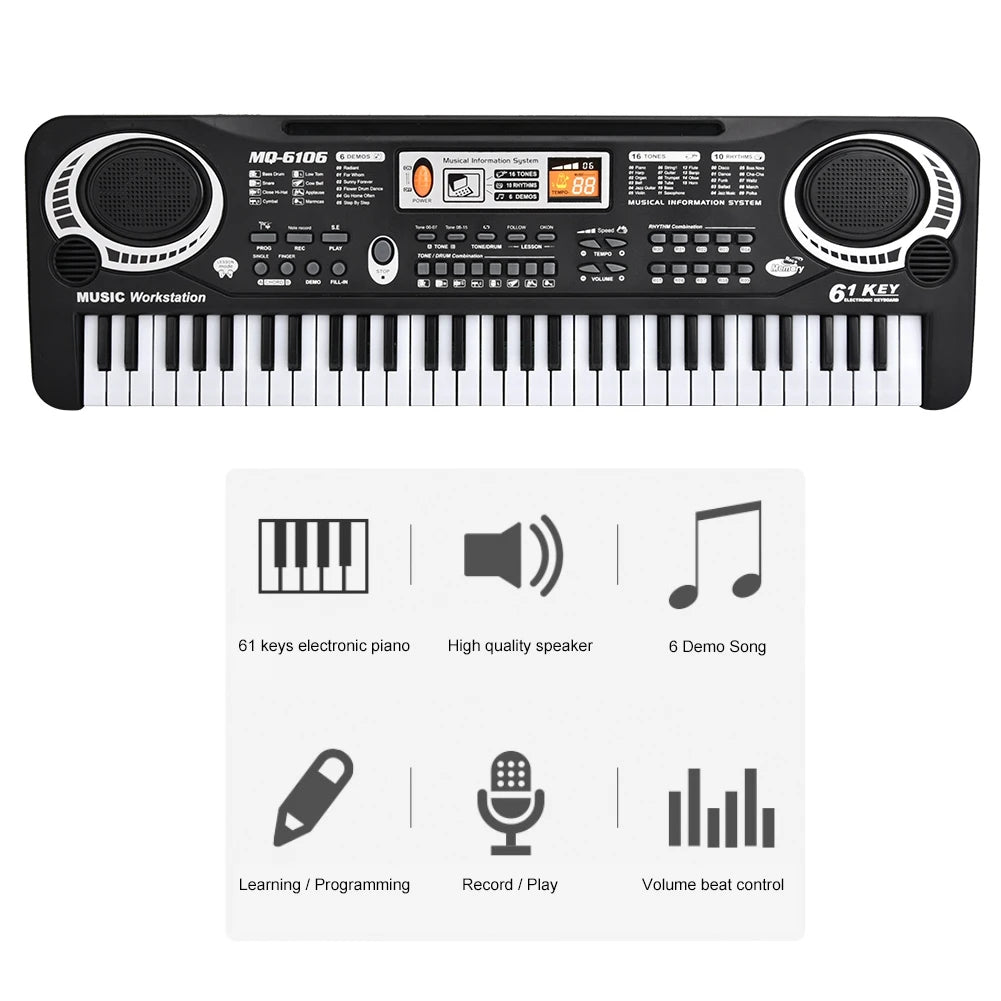 Electric Piano Musical Instruments  61‑Key Electric Digital Key Board Piano Musical Instruments Kids  with Microphone
