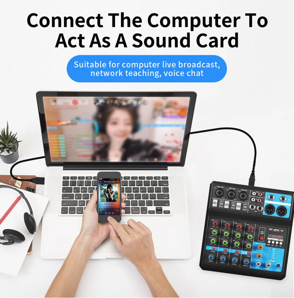 HD A4 A5 Sound Card Mixing Console Mixer Professional Audio 4 5 Channel Sound Mixer For Live Streaming DJ Audio Equipment
