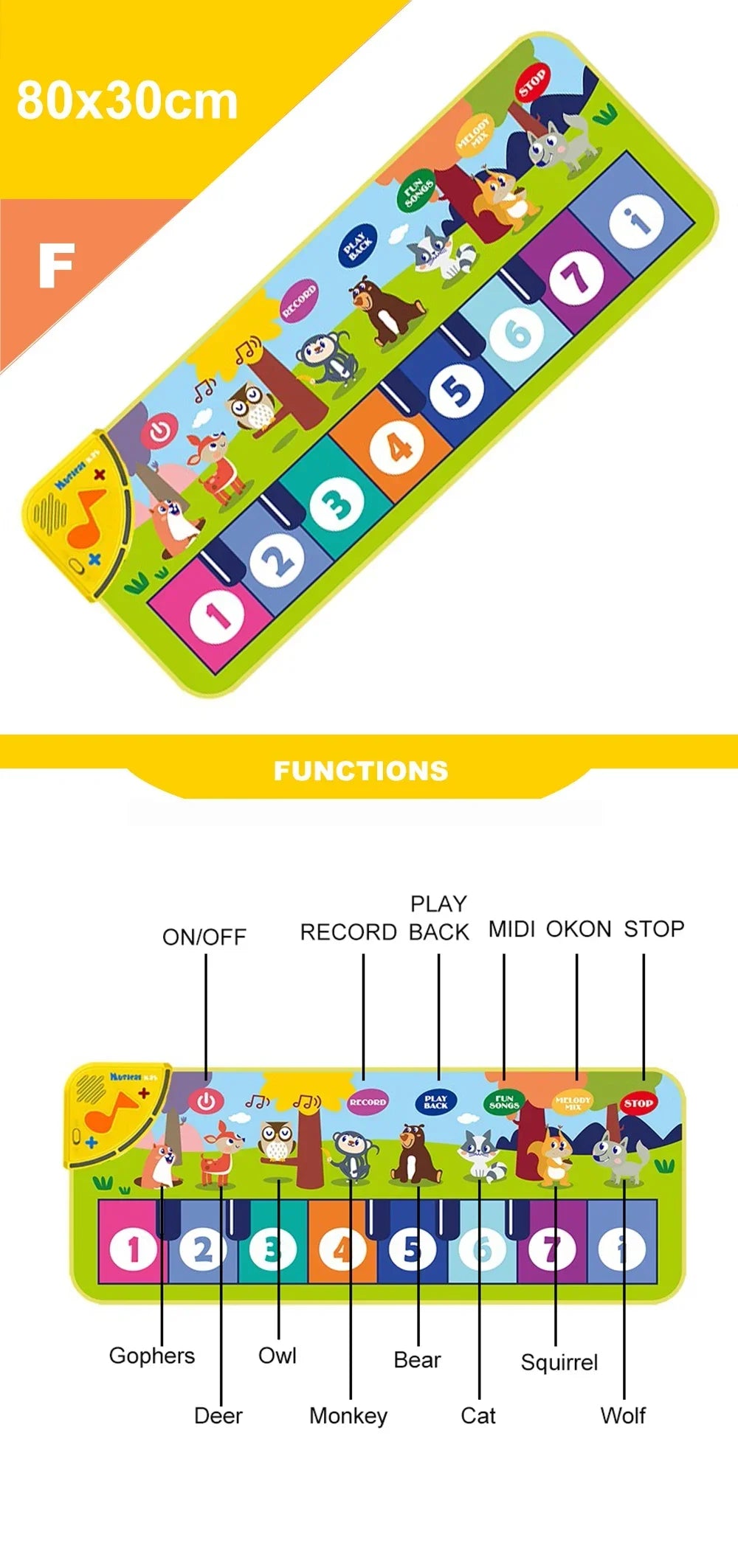 Kids Musical Piano Mat with 8 Animal Sounds Toddlers Floor Keyboard Dance Mat Baby Mat Musical Carpet Educational Toy Kids Gifts