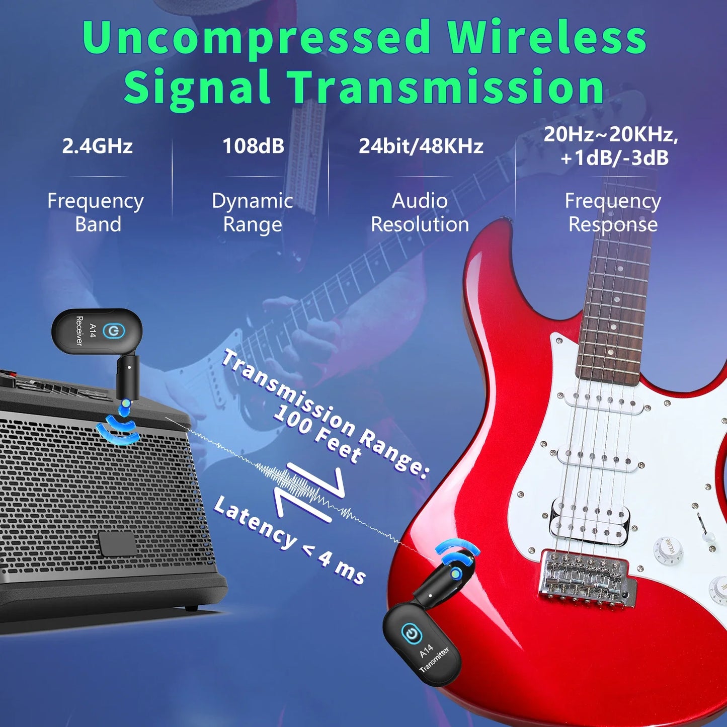 Guitar Wireless System Transmitter Receiver Built-in 2.4G Rechargeable Wireless Guitar Transmitter for Electric Guitar Amplifier