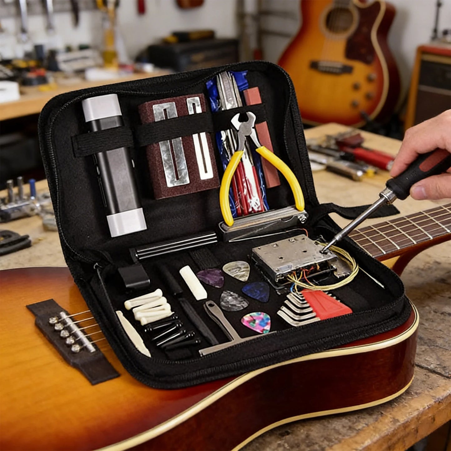 Guitar Repair Tool Kit 77 Pieces Guitar Maintenance Kit Set Multifunction Maintenance Package with Measuring Tools