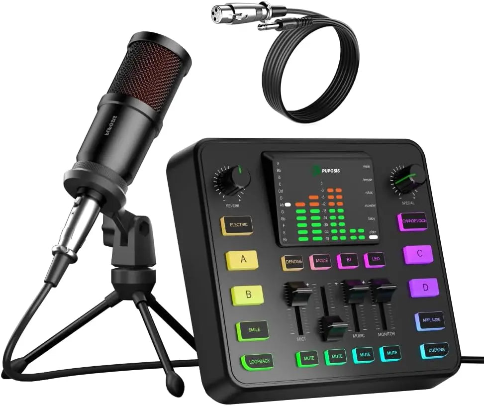 PUPGSIS Podcast Equipment Bundle Audio mixer All-in-One Podcast Production Studio with 3.5mm Microphone for Live Streaming, Game