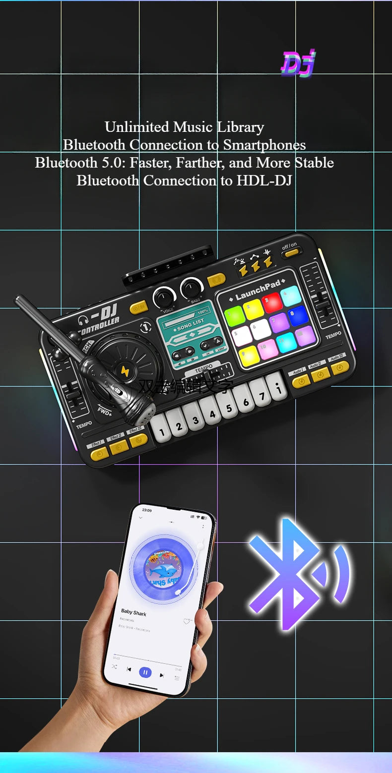 Kid Musical DJ Mixer with Microphone Electronic Keyboard Bluetooth DJ Turntable Console Junior Music Instrument Educational Toy