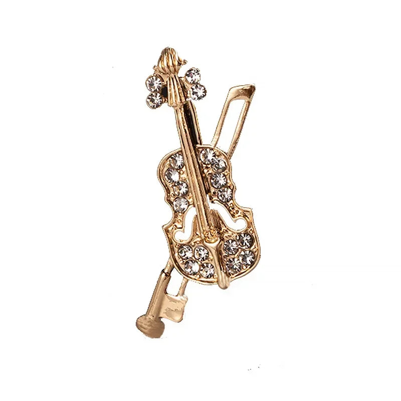 Korean Fashion Metal Crystal Violin Brooch Jewelry Luxury Music Equipment Classic Lapel Pins Gifts for Teacher Men Accessories