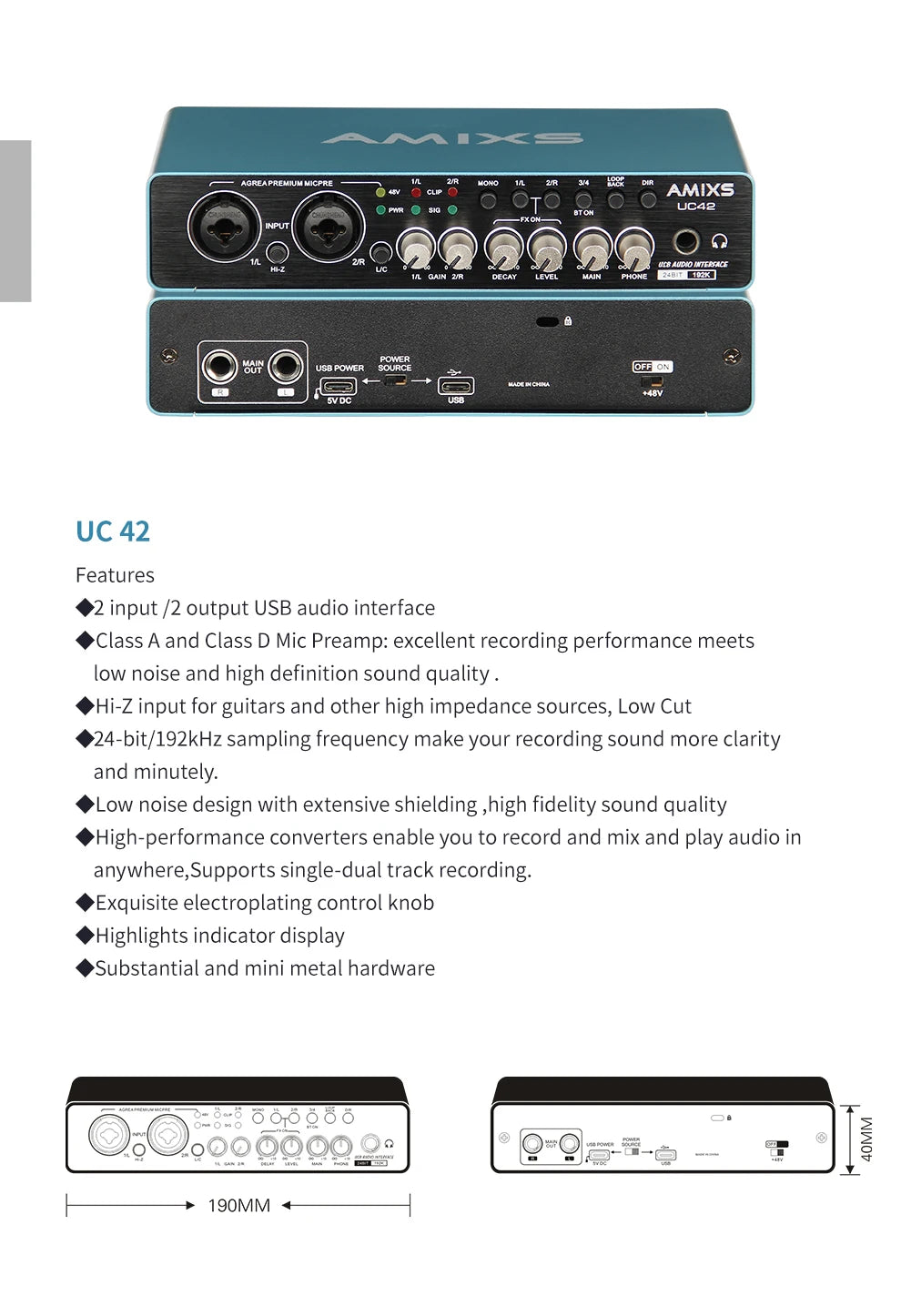 AMIXS UC42 Audio Interface for Recording Computer Free Drive USB External Sound Card for Pc Audio Equipment Professional Video