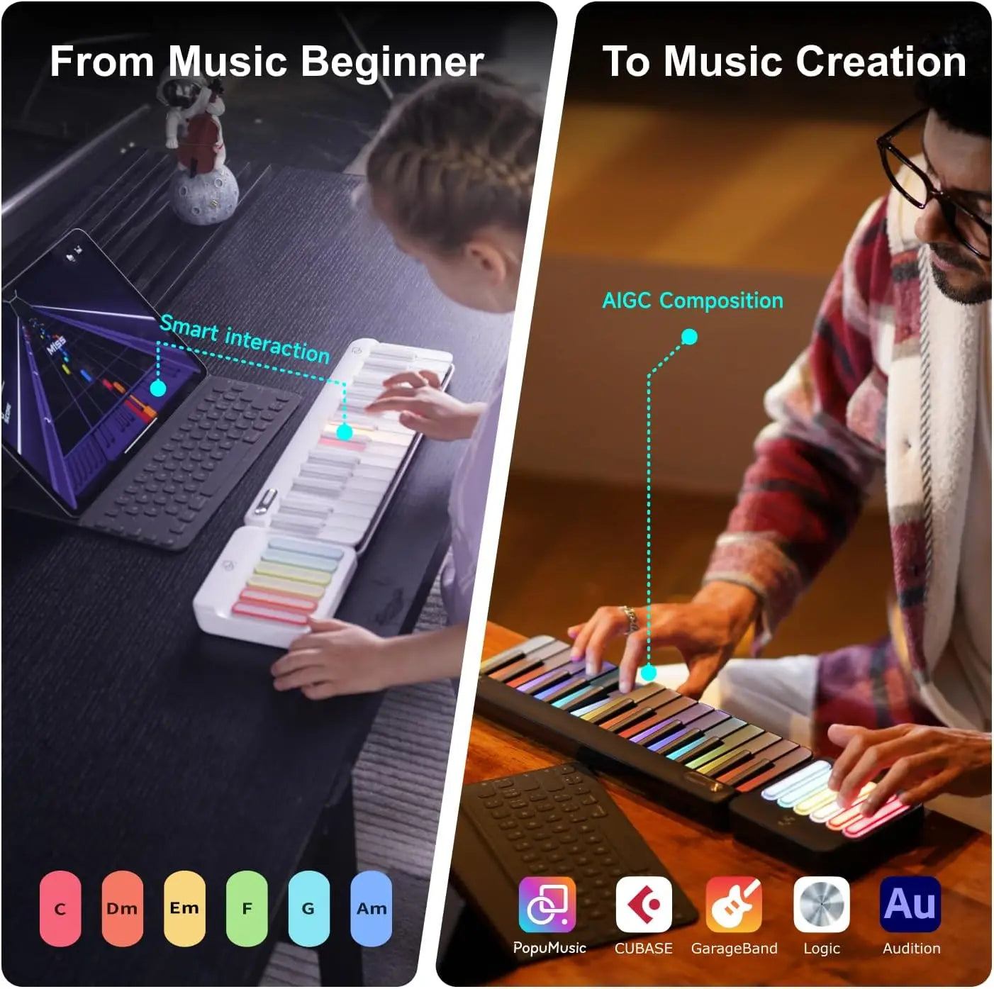 PopuMusic 59 Keys Smart Piano | 29-key Main + Chord + 24 Expansion Keyboard, 256 Tones MIDI LED Portable Beginner Gift