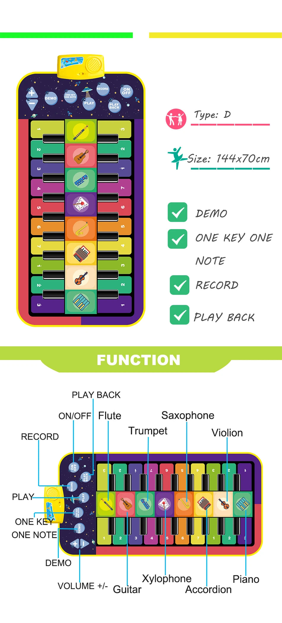 Kids Musical Piano Mat Duet Keyboard Play Mat 20 Keys Floor Piano with 8 Instrument Sound 5 Paly Modes Dance Pad Educatinal Toys