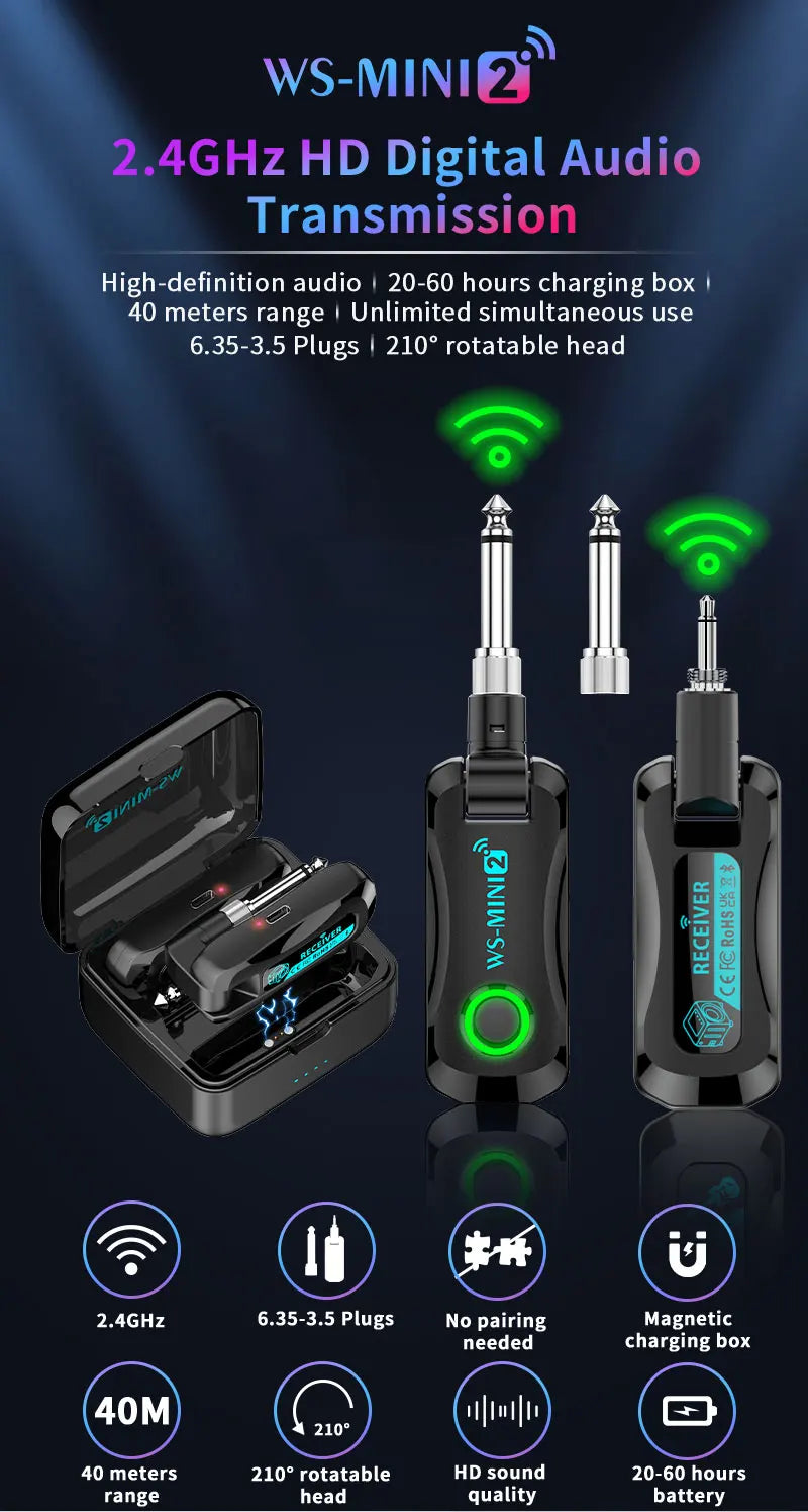 2.4GHz Mini Wireless Guitar System Rechargeable Audio Wireless Guitar Transmitter Receiver for Guitar Bass Electric Instruments