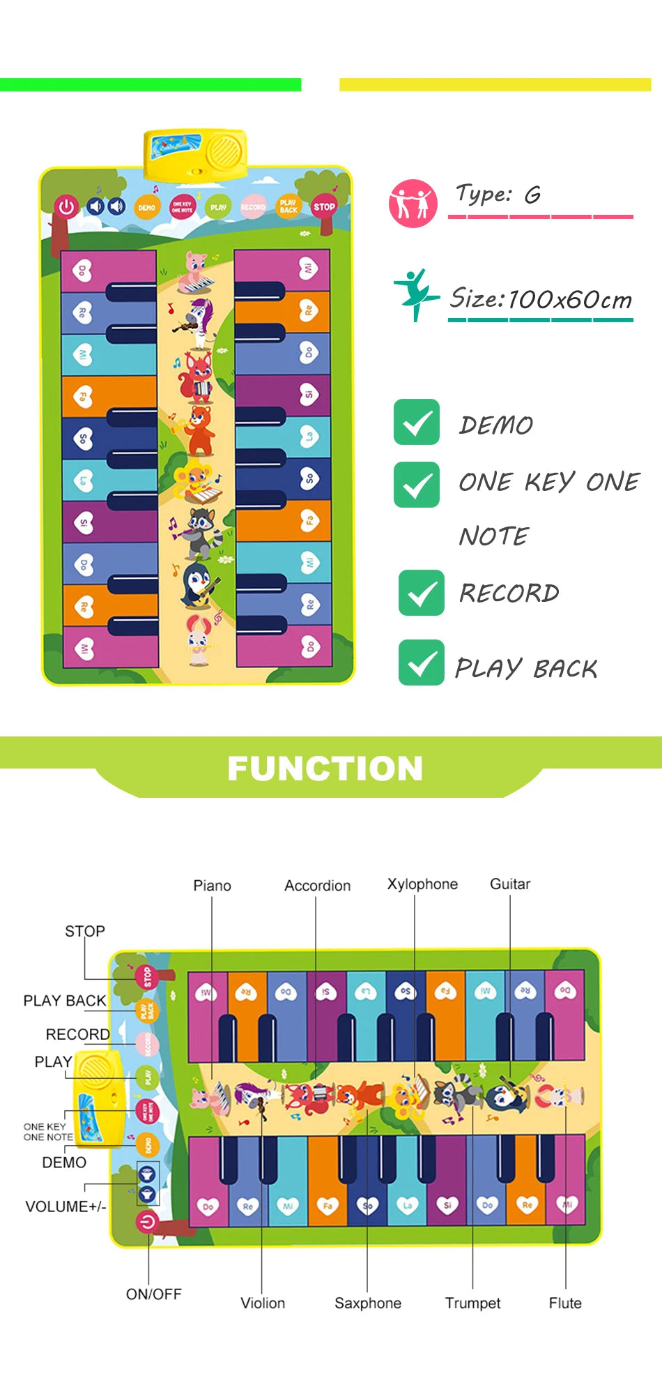 Kids Musical Piano Mat Duet Keyboard Play Mat 20 Keys Floor Piano with 8 Instrument Sound 5 Paly Modes Dance Pad Educatinal Toys