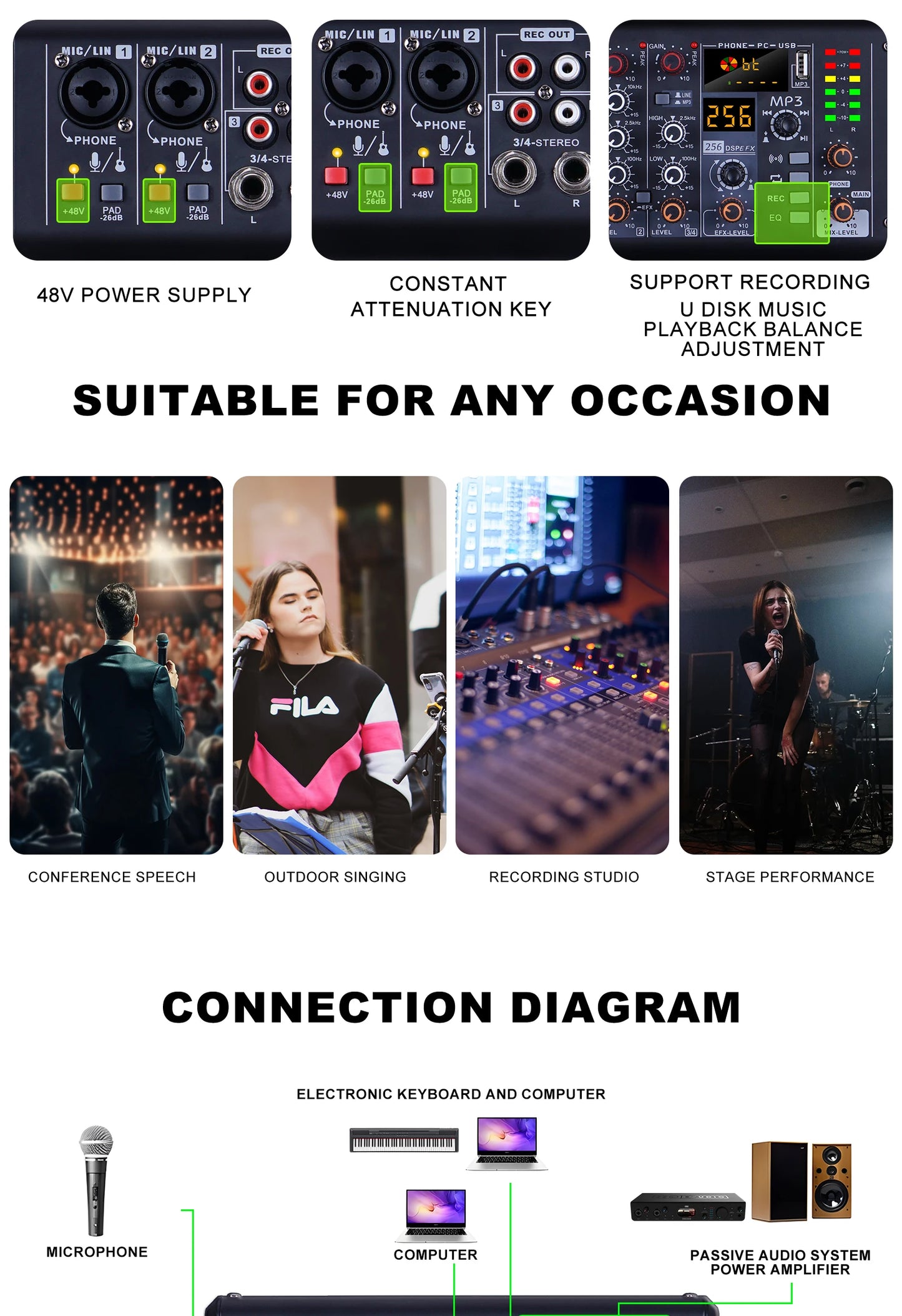 Sound card mixer mobile computer live broadcast network K song recording arranging suit belt USB reverberation 5V