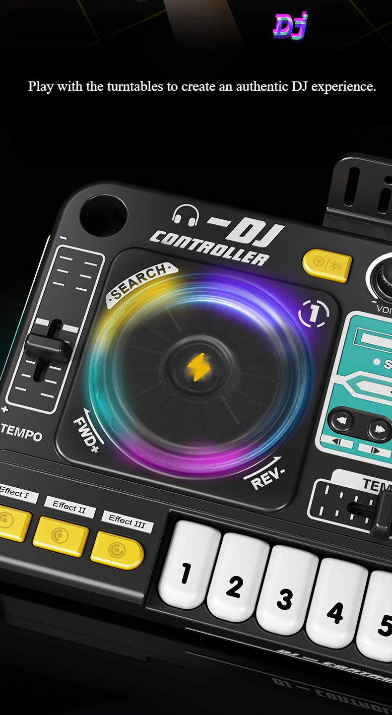 Kid Musical DJ Mixer with Microphone Electronic Keyboard Bluetooth DJ Turntable Console Junior Music Instrument Educational Toy