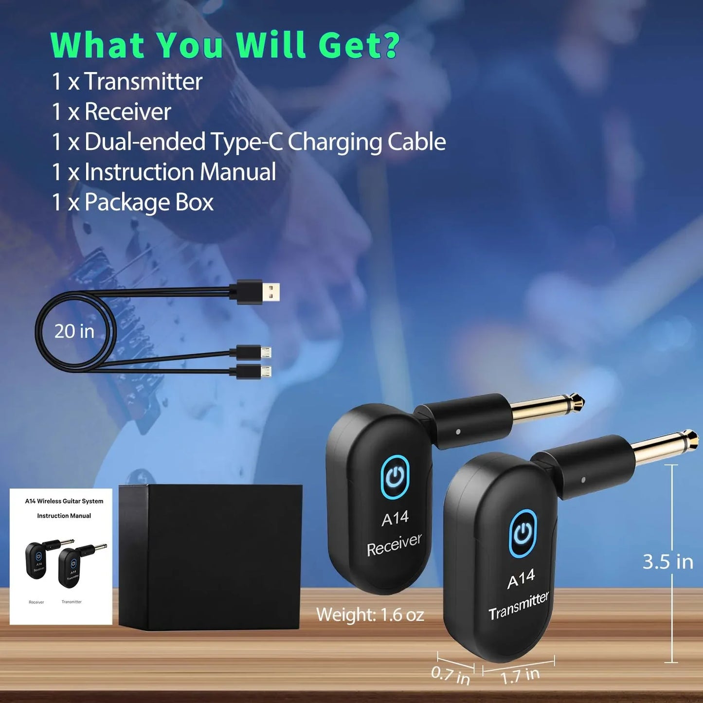 Guitar Wireless System Transmitter Receiver Built-in 2.4G Rechargeable Wireless Guitar Transmitter for Electric Guitar Amplifier