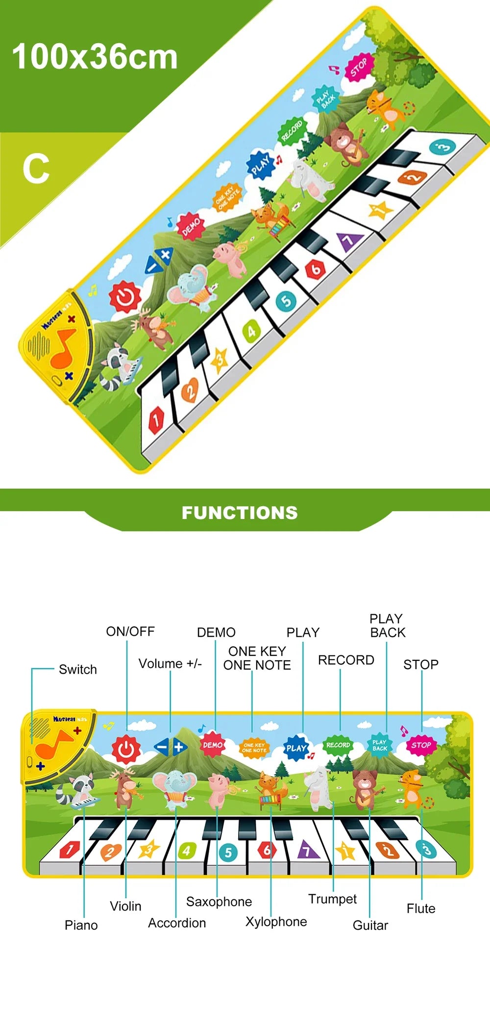 Kids Musical Piano Mat with 8 Animal Sounds Toddlers Floor Keyboard Dance Mat Baby Mat Musical Carpet Educational Toy Kids Gifts