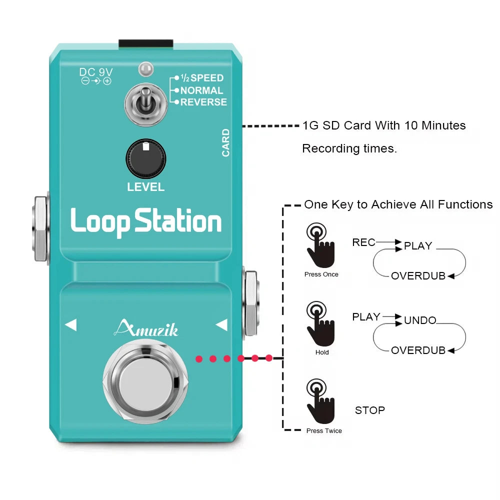 Amuzik Guitar Bass Keyboard Rhythm Looper Pedal Effect Loop Station Unlimited Overdub 10 Minutes Recording Memory Card Supported