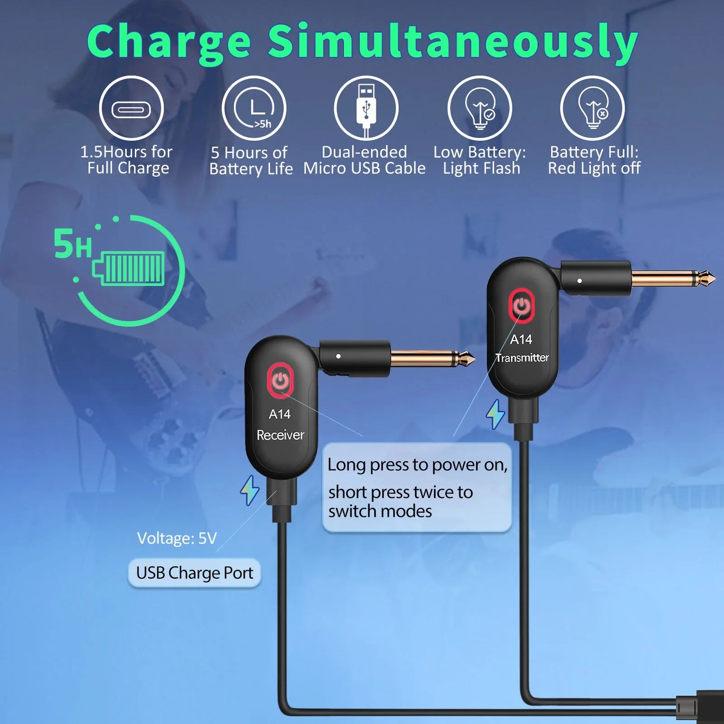 Guitar Wireless System Transmitter Receiver Built-in 2.4G Rechargeable Wireless Guitar Transmitter for Electric Guitar Amplifier