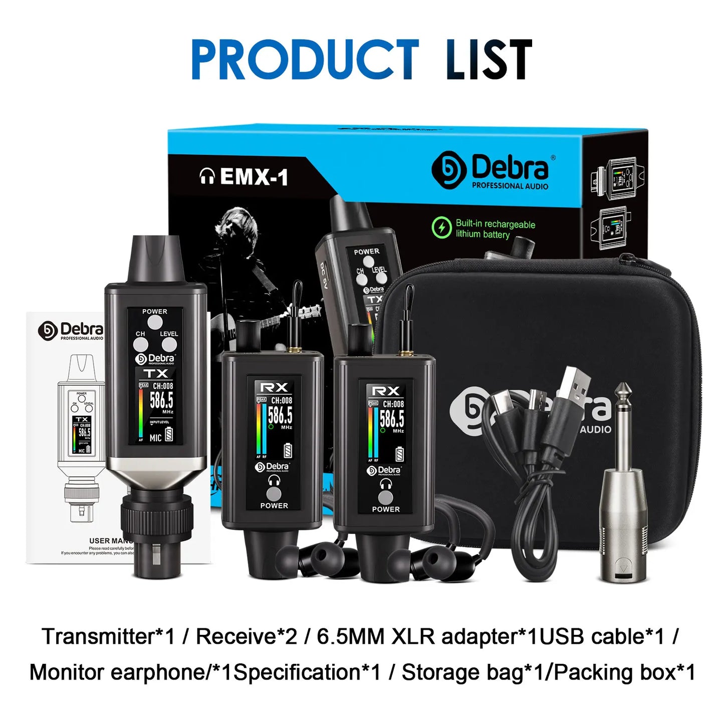 EMX-1 Wireless Monitoring System, Portable UHF Rechargeable Wireless System for Musical Instruments, Dynamic Wired Microphone