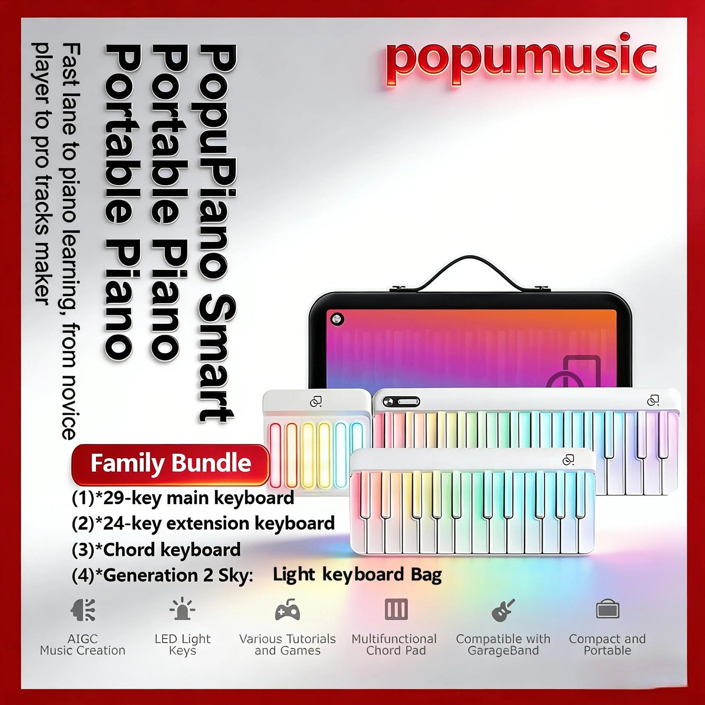 PopuMusic 59 Keys Smart Piano | 29-key Main + Chord + 24 Expansion Keyboard, 256 Tones MIDI LED Portable Beginner Gift