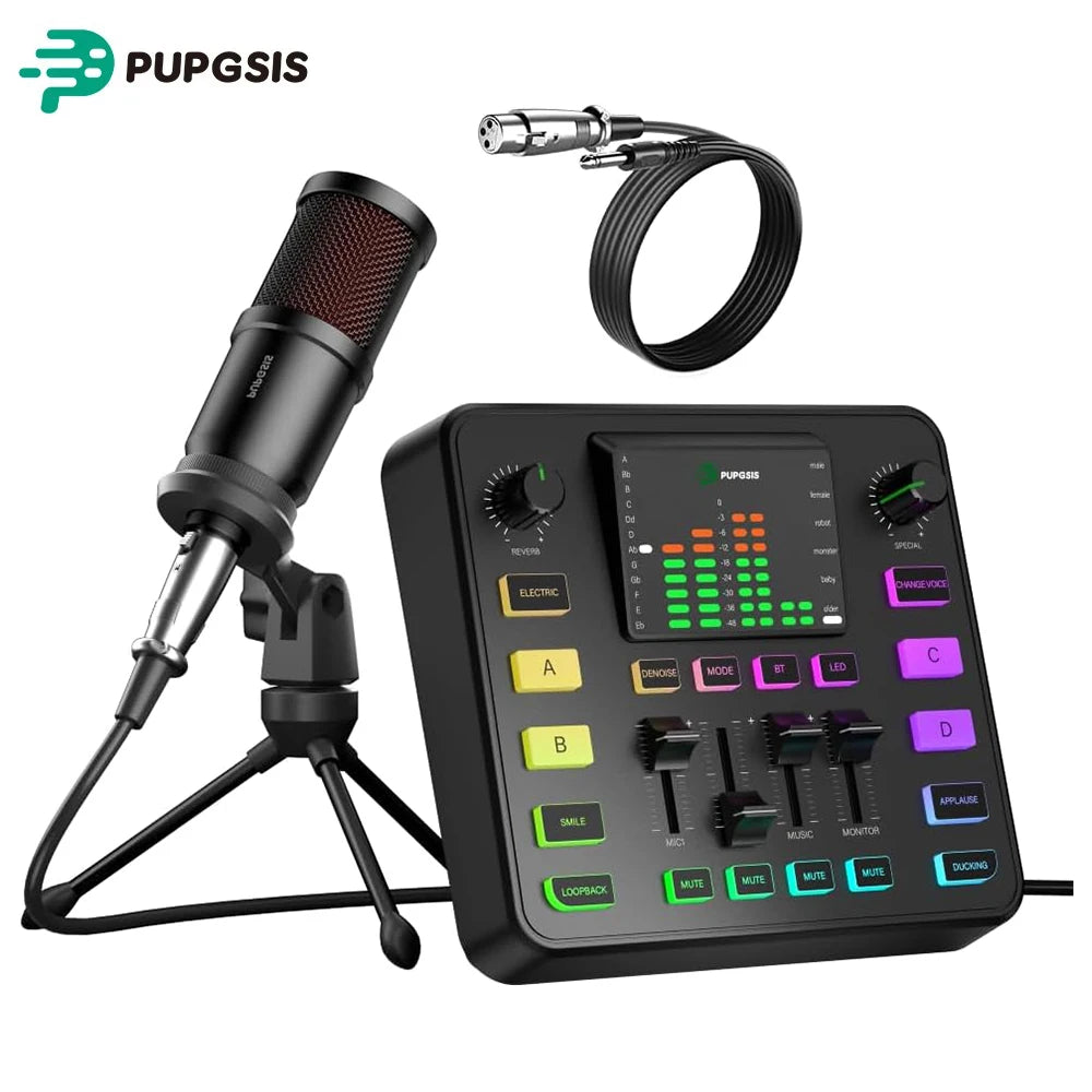 PUPGSIS Podcast Equipment Bundle Audio mixer All-in-One Podcast Production Studio with 3.5mm Microphone for Live Streaming, Game