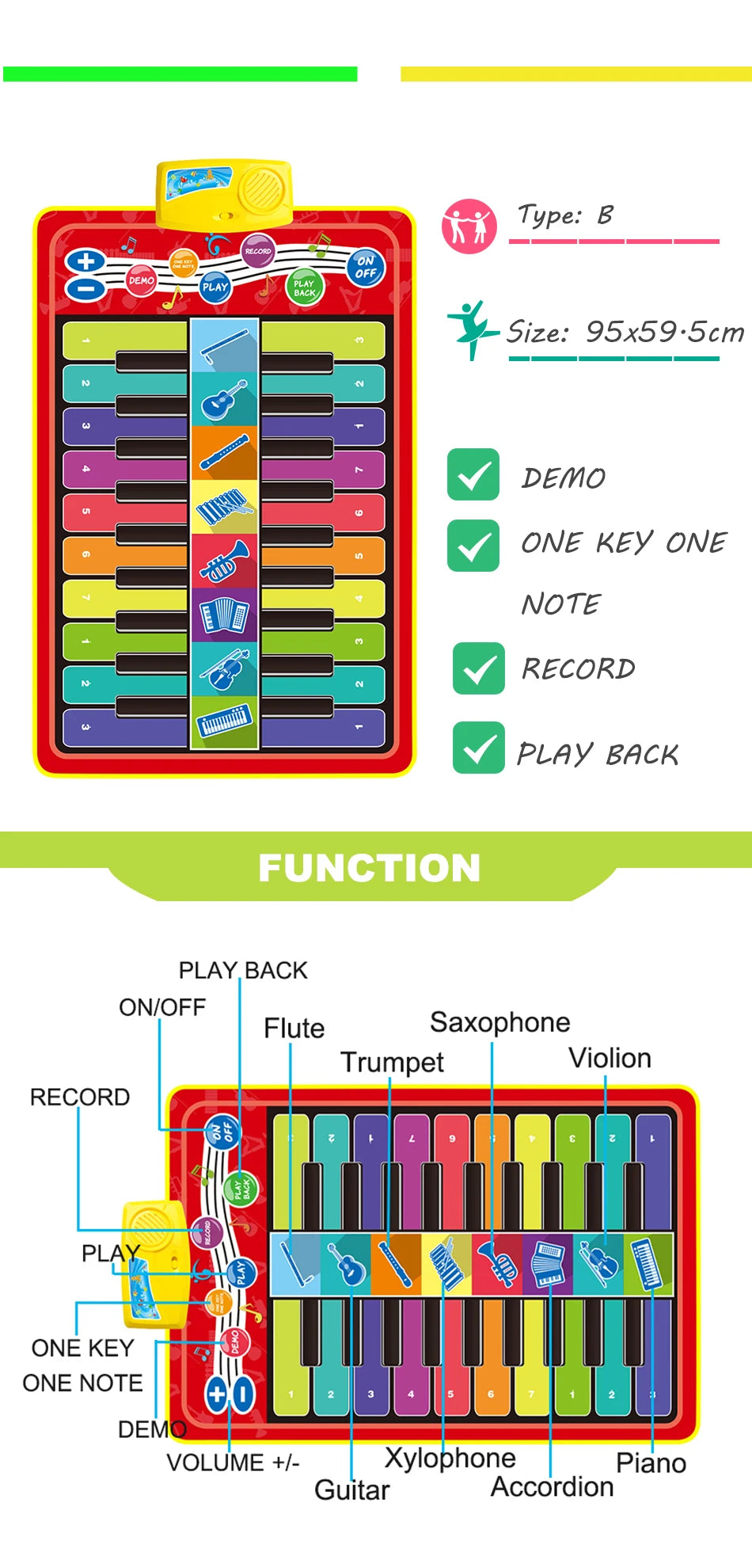 Kids Musical Piano Mat Duet Keyboard Play Mat 20 Keys Floor Piano with 8 Instrument Sound 5 Paly Modes Dance Pad Educatinal Toys