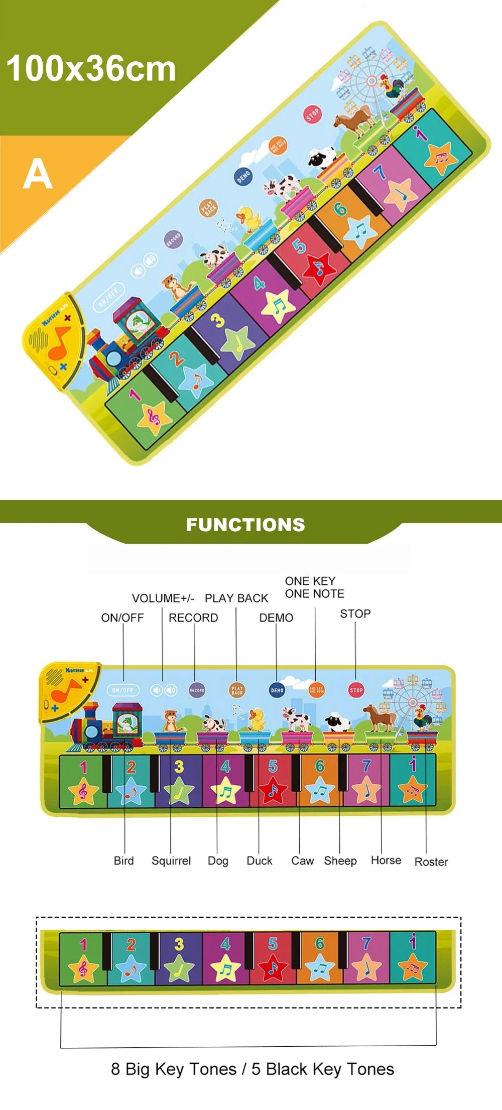 Kids Musical Piano Mat with 8 Animal Sounds Toddlers Floor Keyboard Dance Mat Baby Mat Musical Carpet Educational Toy Kids Gifts