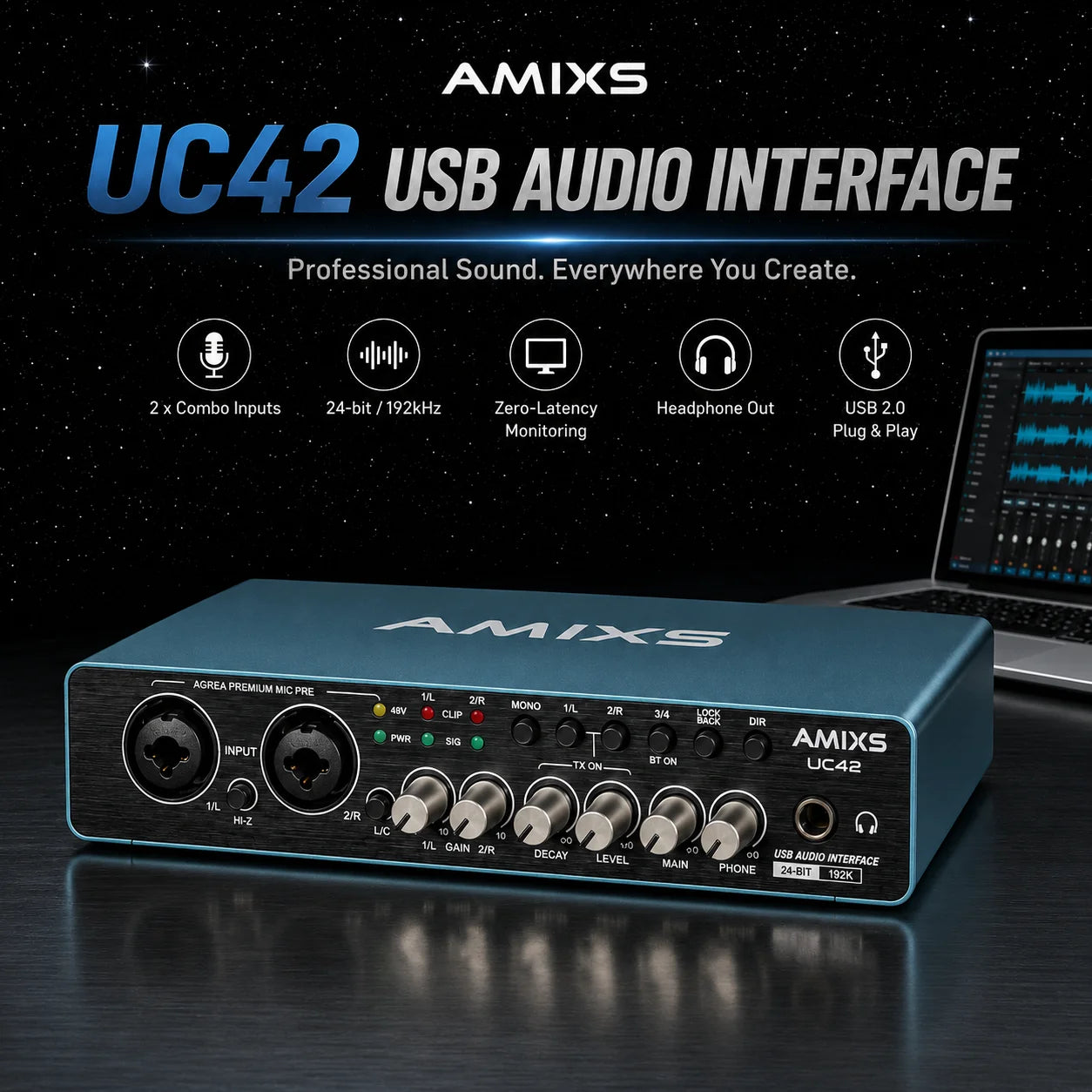 AMIXS UC42 Audio Interface for Recording Computer Free Drive USB External Sound Card for Pc Audio Equipment Professional Video