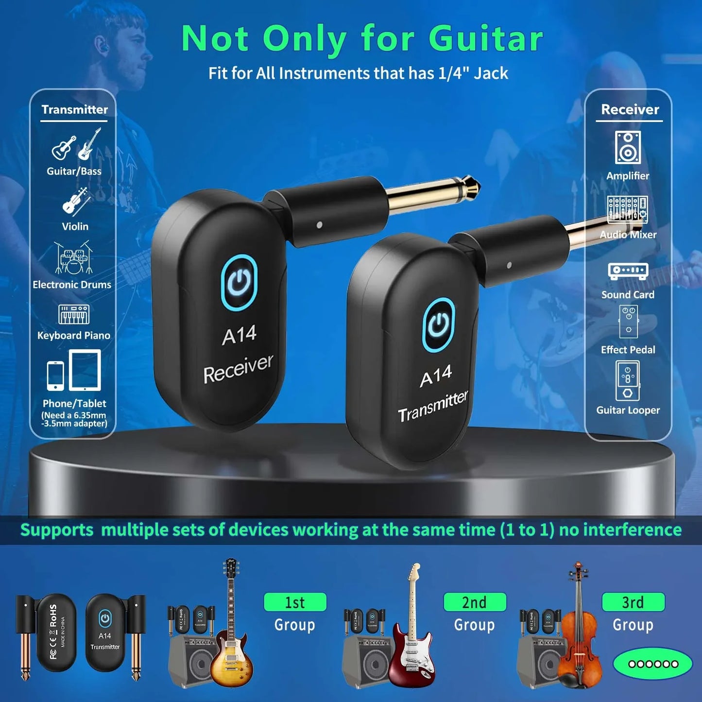 Guitar Wireless System Transmitter Receiver Built-in 2.4G Rechargeable Wireless Guitar Transmitter for Electric Guitar Amplifier
