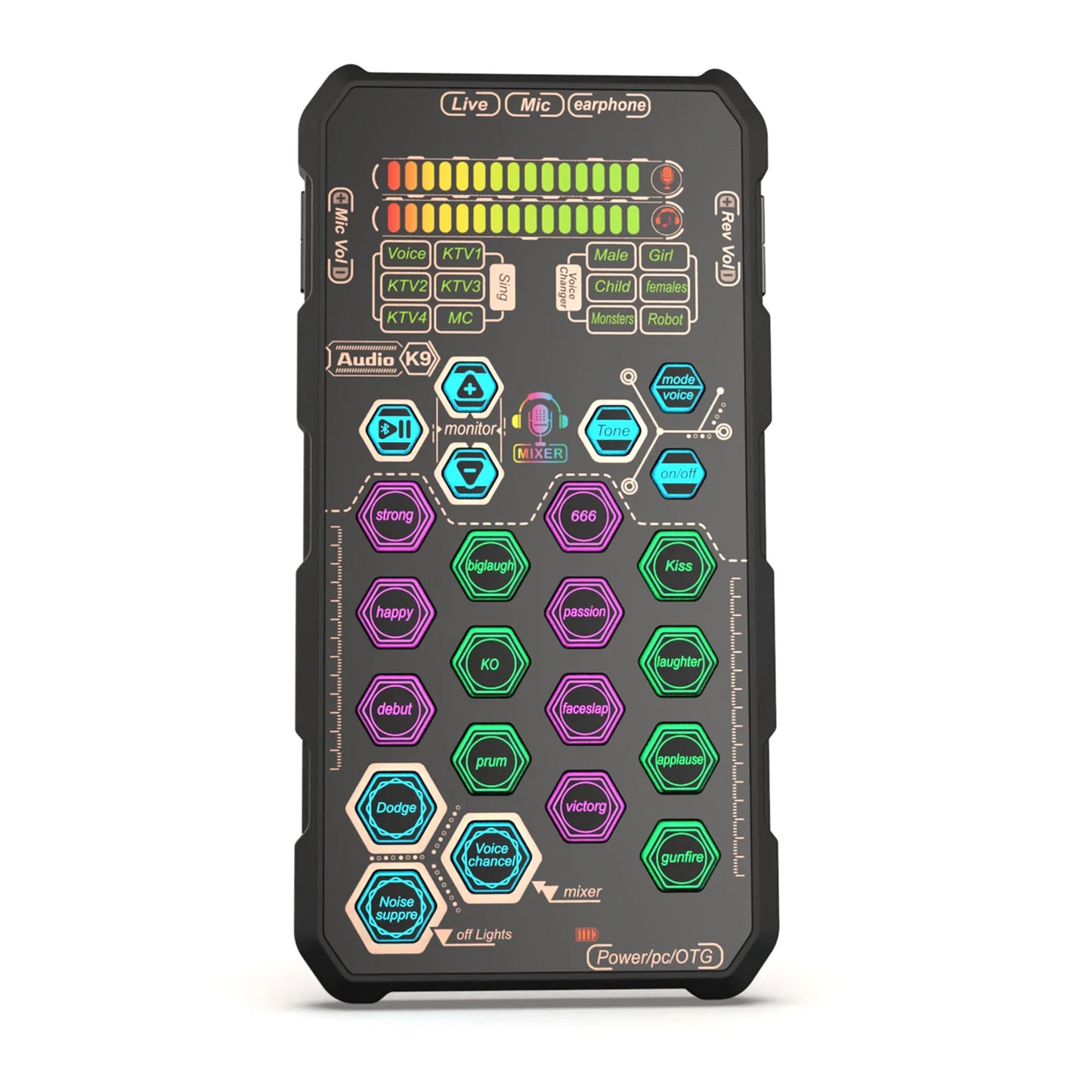 DJ Karaoke Equipment K9 Handheld Live Sound Card Sound Board Set with Voice Change for Podacsting Broadcasting Singing Recording