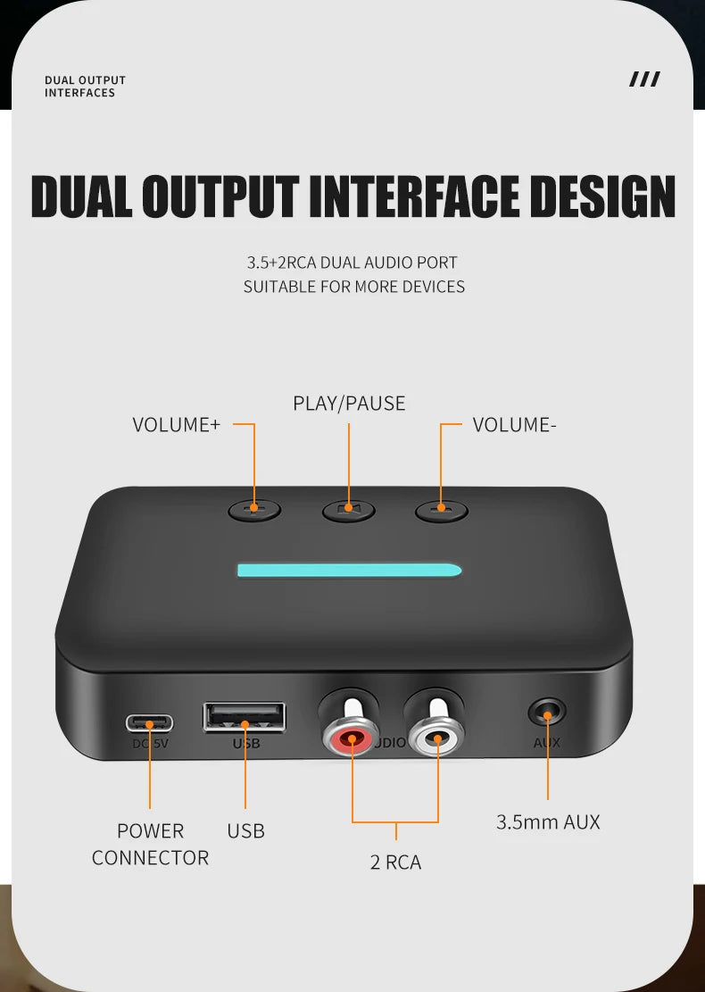 USB Bluetooth 5.3 Audio Receiver Adapter Wireless Stereo Music 3.5mm AUX R/L RCA Support U-Disk Playback For Desktop Speaker Amp