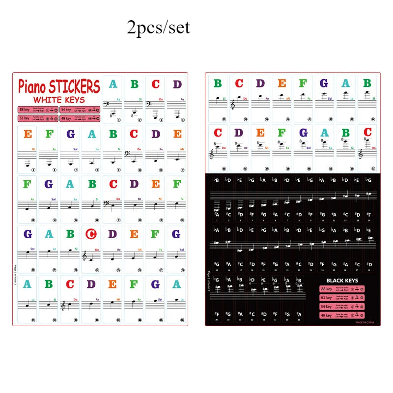 2 sets of piano keyboard stickers, 88/61/54/49 keys with removable colored note labels, beginner letter piano stickers