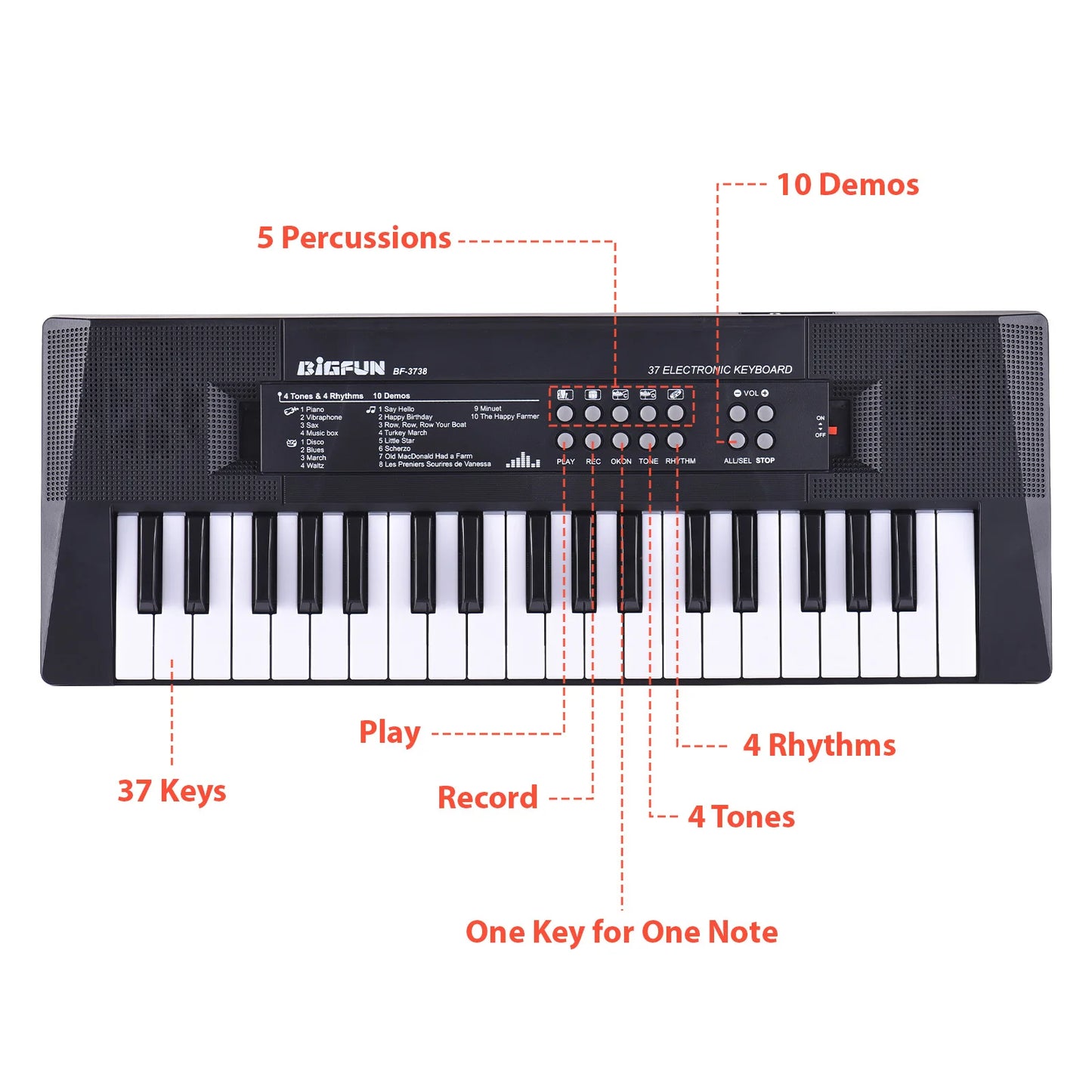 37 Key Electronic Keyboard Piano 4 Tones 4 Rhythms 10 Demos 5 Percussions Single Speaker Musical Instrument for Beginners