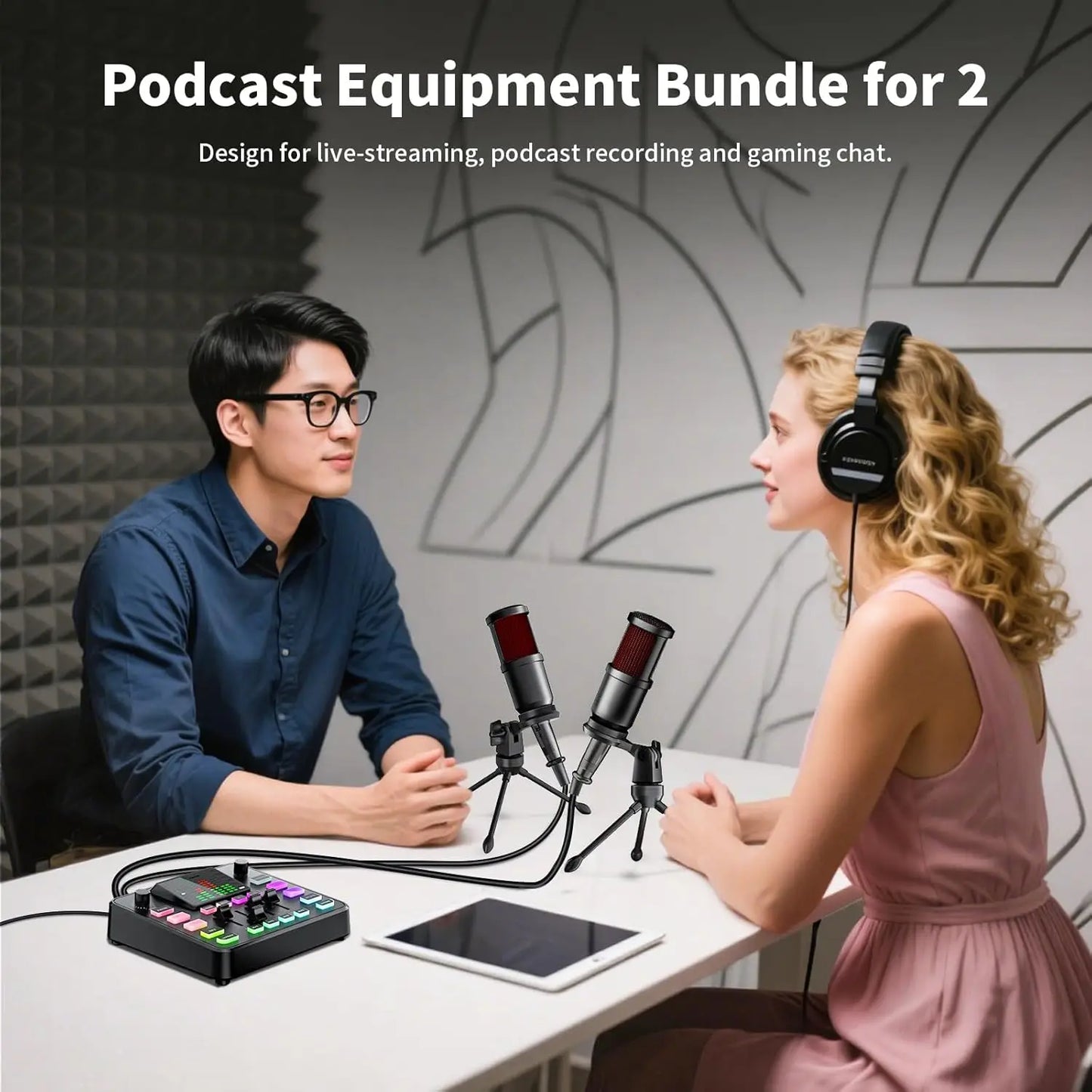 PUPGSIS Podcast Equipment Bundle Audio mixer All-in-One Podcast Production Studio with 3.5mm Microphone for Live Streaming, Game
