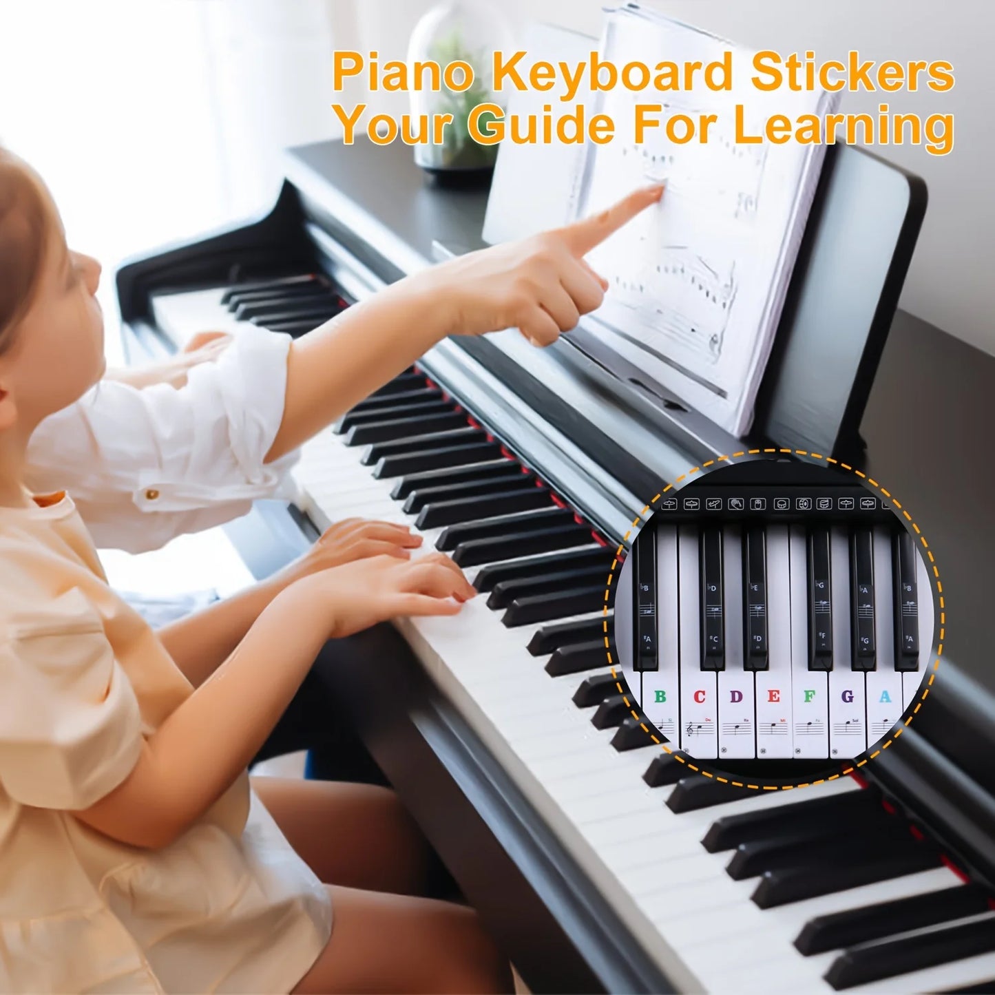 2 sets of piano keyboard stickers, 88/61/54/49 keys with removable colored note labels, beginner letter piano stickers