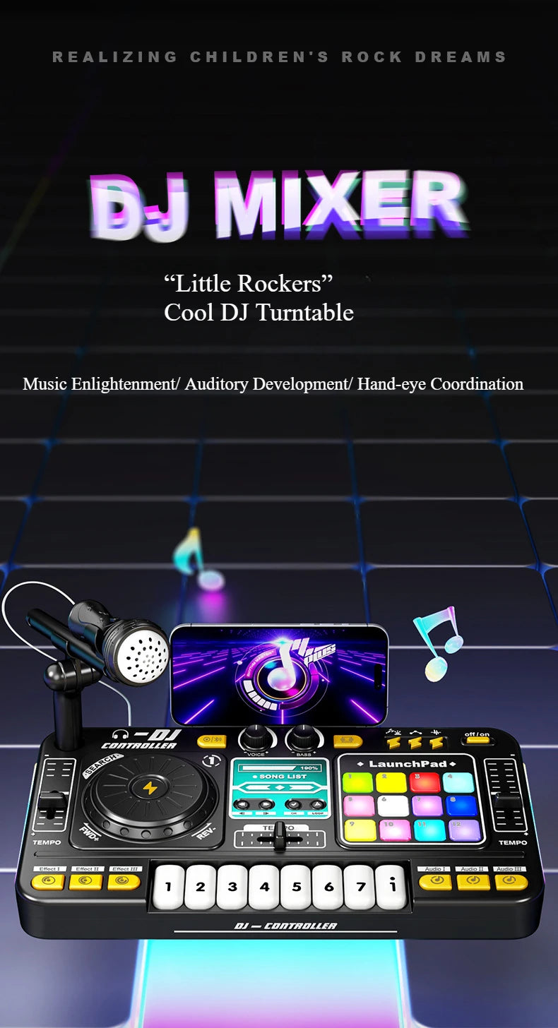 Kid Musical DJ Mixer with Microphone Electronic Keyboard Bluetooth DJ Turntable Console Junior Music Instrument Educational Toy