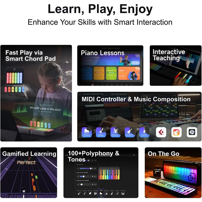 PopuMusic 59 Keys Smart Piano | 29-key Main + Chord + 24 Expansion Keyboard, 256 Tones MIDI LED Portable Beginner Gift