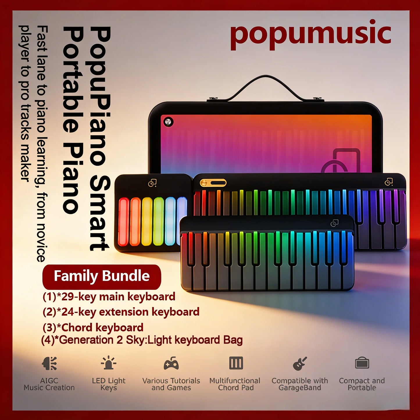 PopuMusic 59 Keys Smart Piano | 29-key Main + Chord + 24 Expansion Keyboard, 256 Tones MIDI LED Portable Beginner Gift