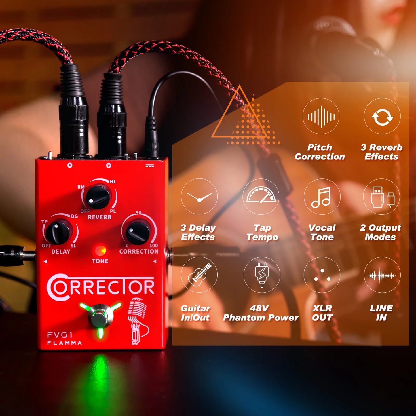 FLAMMA FV01 Vocal Effects Processor Pitch Correction with Delay Reverb Effects for Microphone Amplifier Stompbox Guitar