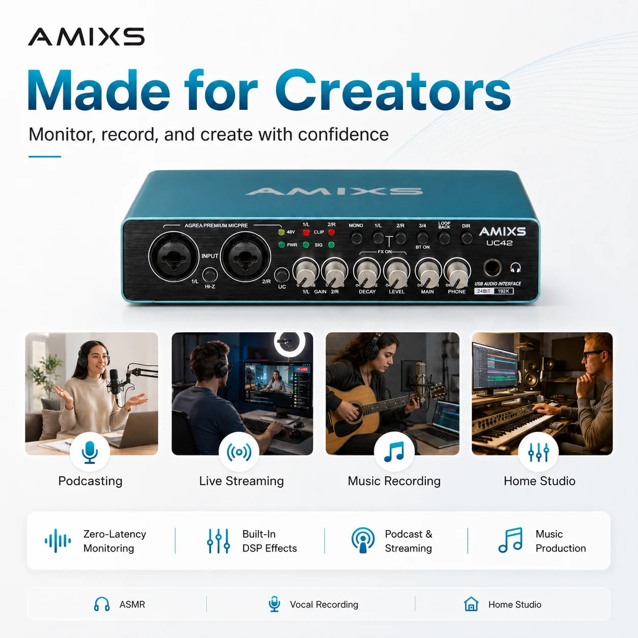 AMIXS UC42 Audio Interface for Recording Computer Free Drive USB External Sound Card for Pc Audio Equipment Professional Video